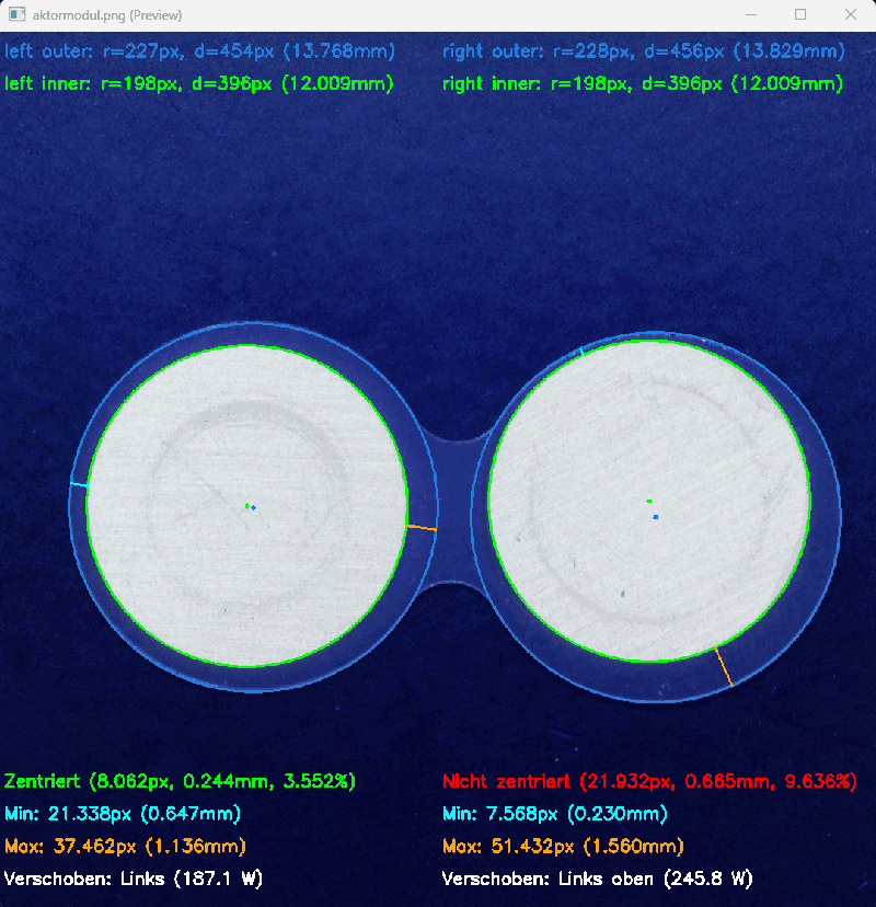 Computer vision analysis showing detected circles, positional measurements and evaluation results on an actuator module