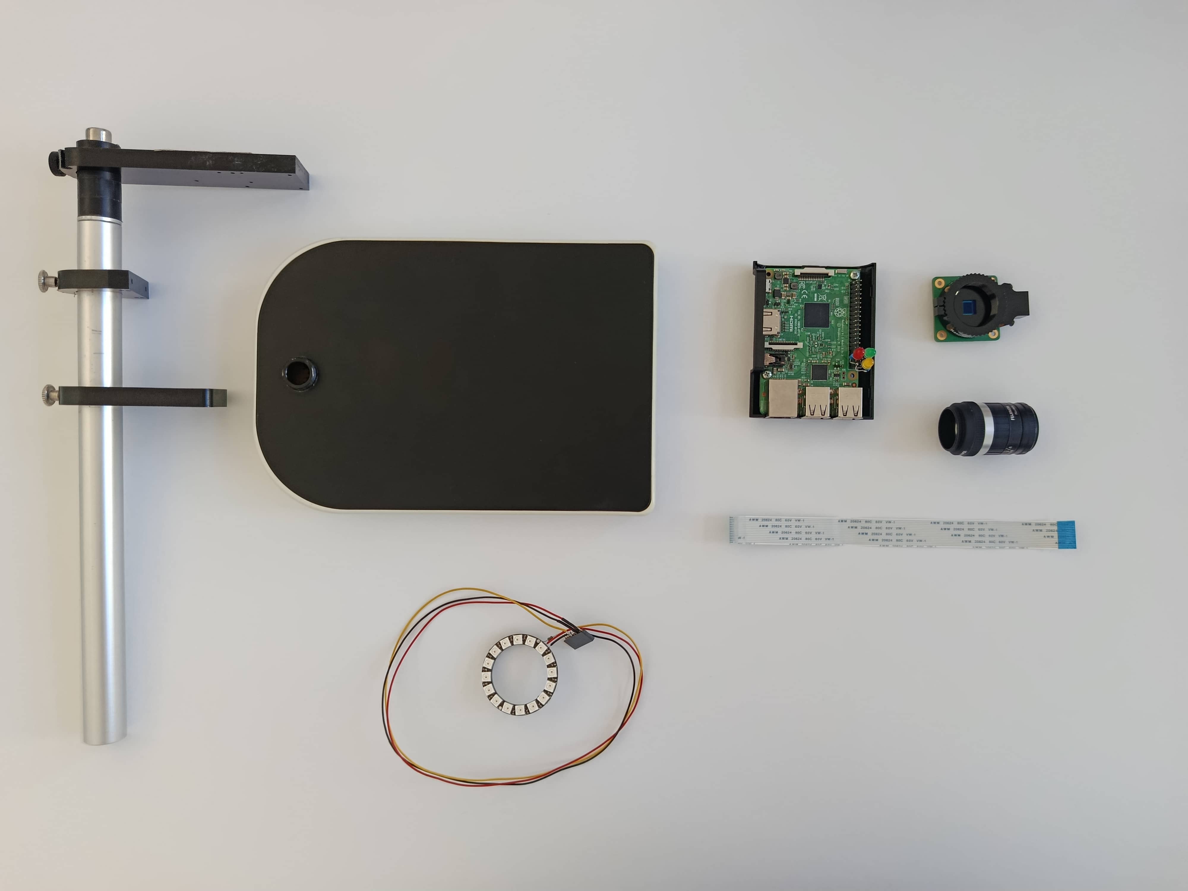 Microscope stand, Raspberry Pi, camera with lens and LED ring light