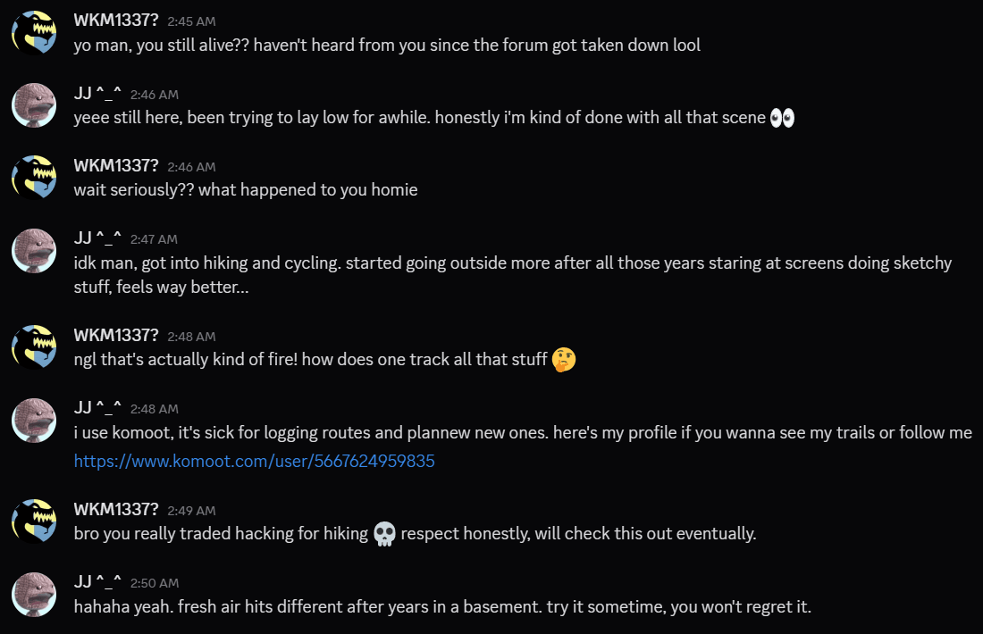 screenshot of the retired hacker's conversation that was leaked