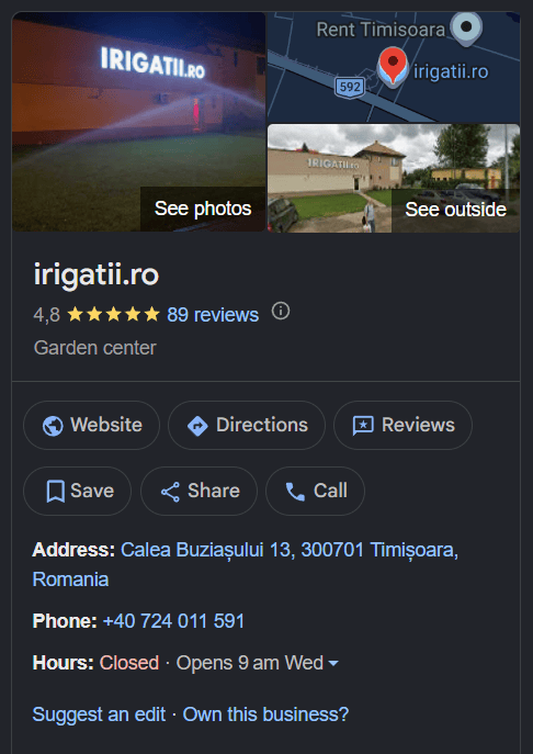 Business information about the irigatii.ro store