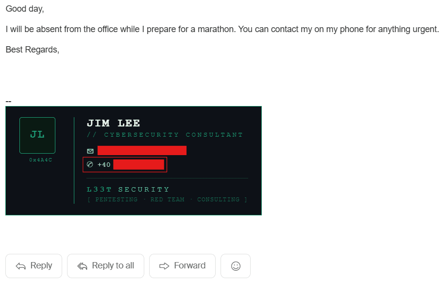 Automated response from Jim Lee containing his phone number