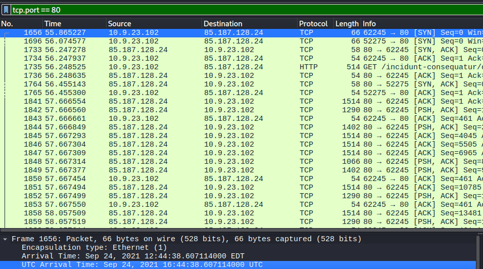 Wireshark packet details showing the Arrival Time UTC for the first HTTP connection
