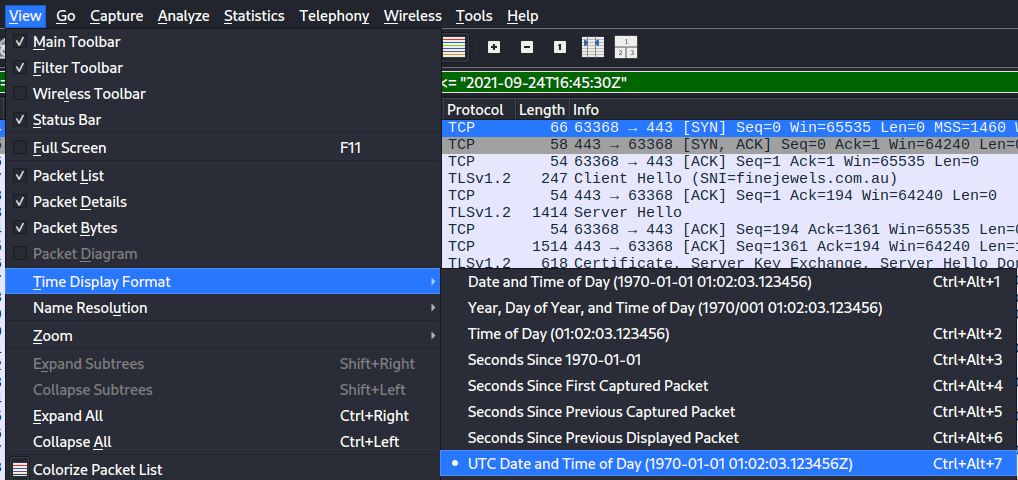 Changing the time format in wireshark to UTC Date and Time of Day.