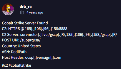 IP address flagged as Cobalt Strike Server in the VirusTotal.