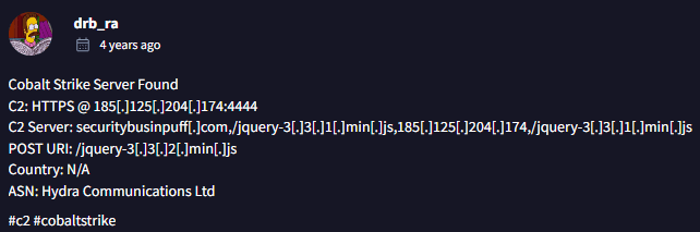 IP address flagged as Cobalt Strike Server in the VirusTotal.