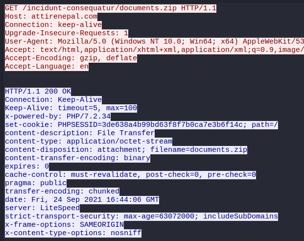 Wireshark HTTP stream showing the download of documents.zip from attirenepal.com