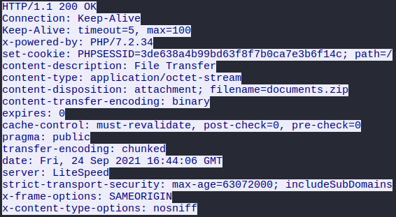 Wireshark HTTP stream of the malicious zip file