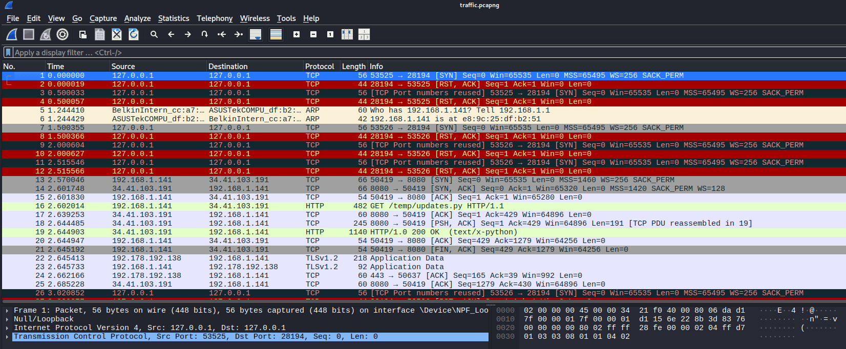 opening the task file in the wireshark tool